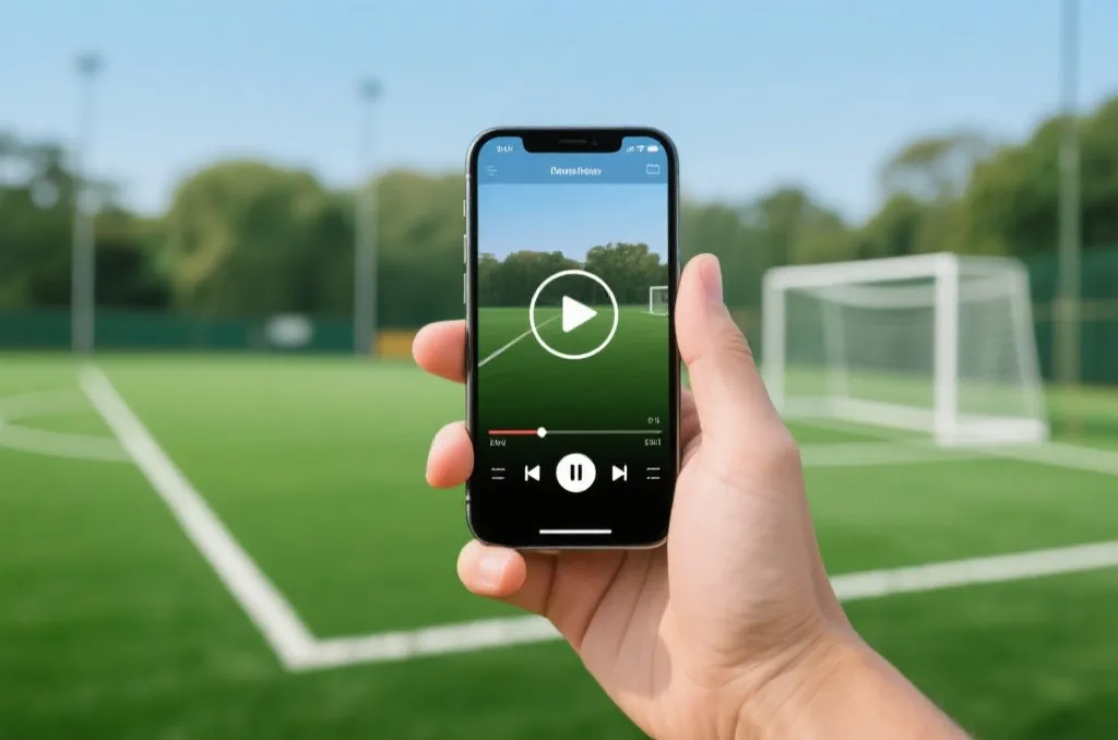 A hand holding a smartphone showcasing a modern video player interface with a green soccer pitch background